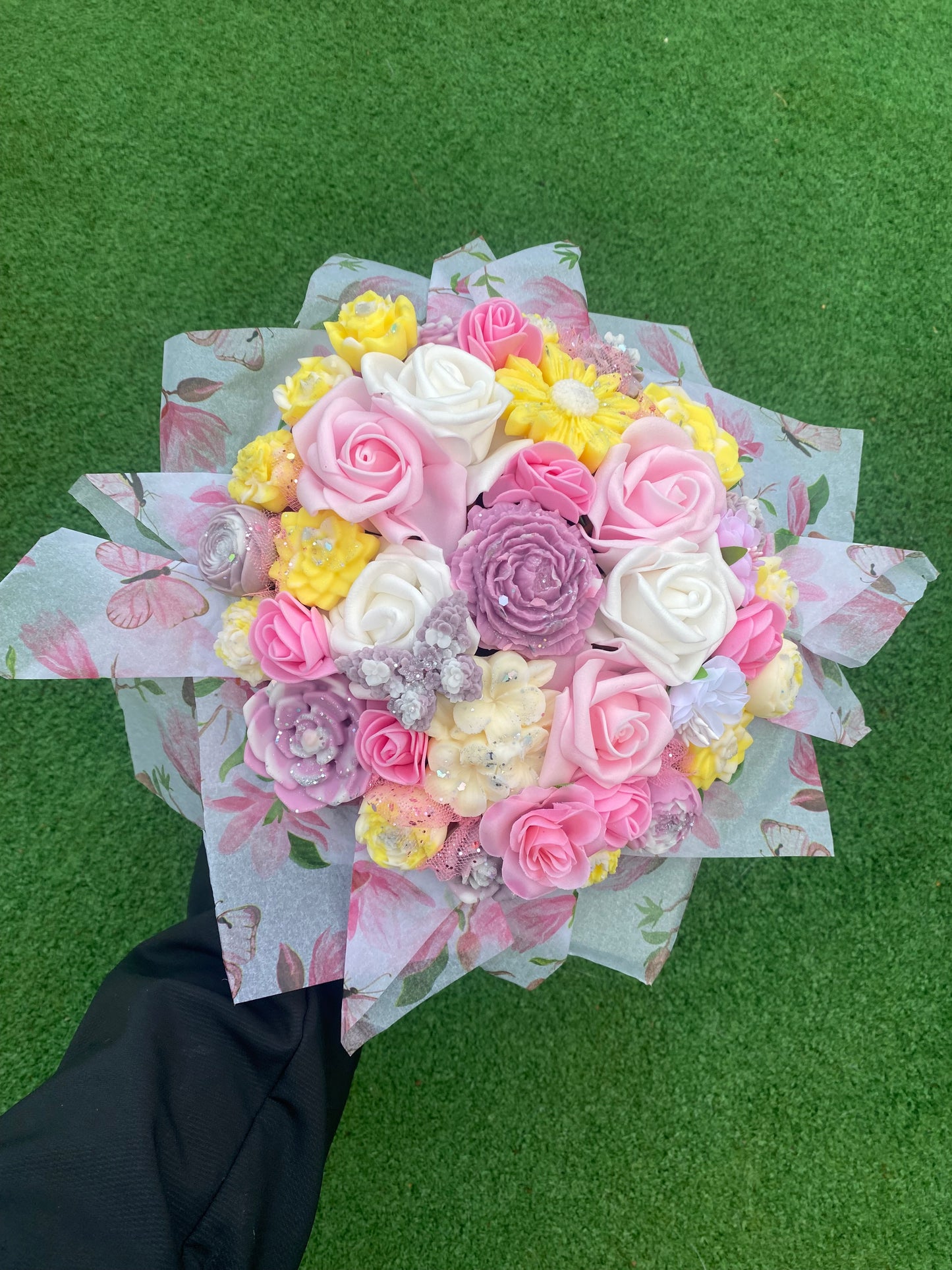 Pink Yellow Mix Wax Melt Flower Bouquet- Free Gift Bag & Mum Wax Melts -Mothers day Mum Scented